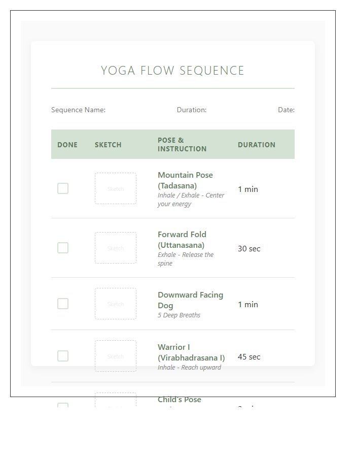 Yoga Flow Sequence Illustration Checklist Printable Chart