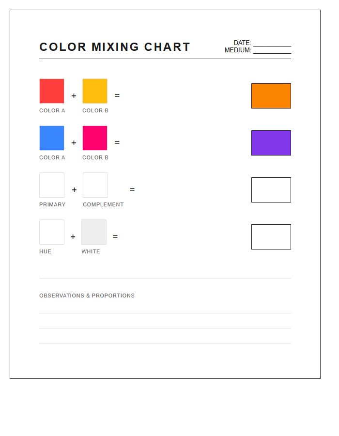 Art Studio Color Mixing Printable Chart