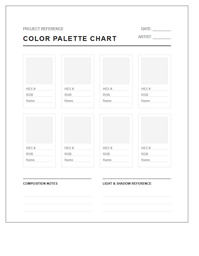 Digital Illustration Color Palette Printable Chart