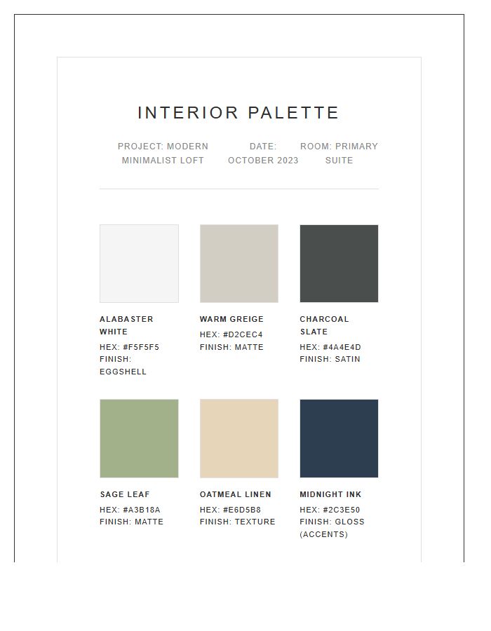 Interior Design Color Palette Printable Chart