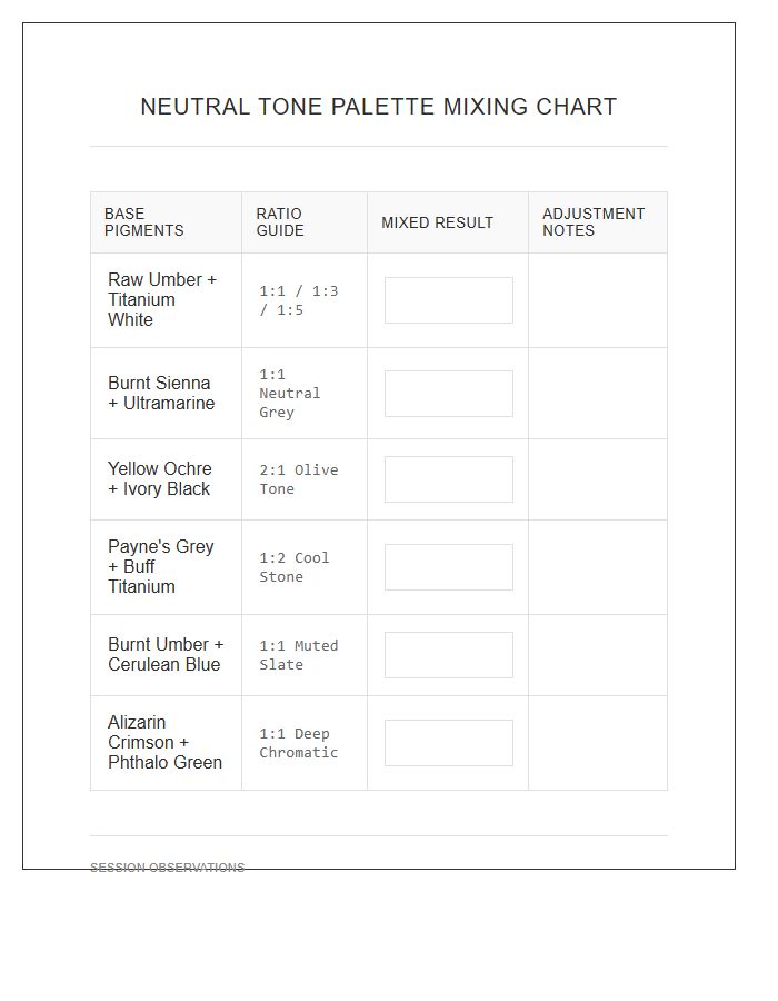 Neutral Tone Palette Mixing Printable Chart