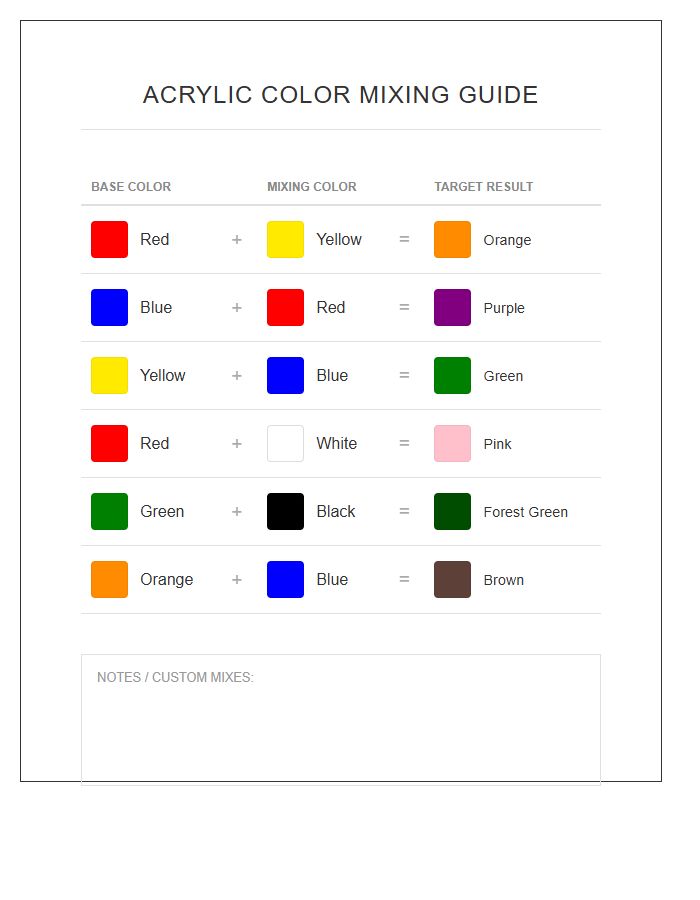Printable Acrylic Paint Color Mixing Chart