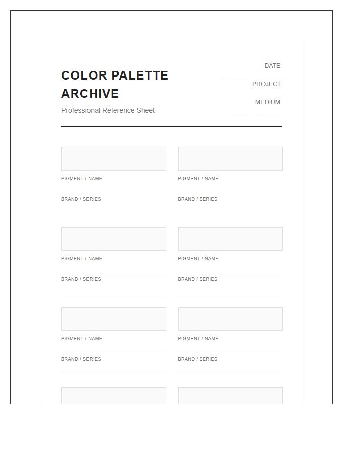 Professional Artist Color Palette Printable Chart