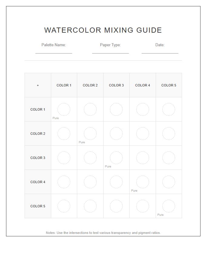 Watercolor Palette Mixing Guide Printable Chart