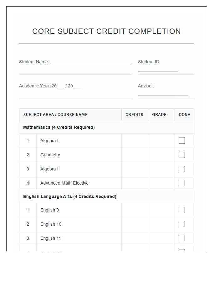 Core Subject Credit Completion Printable Chart Checklist