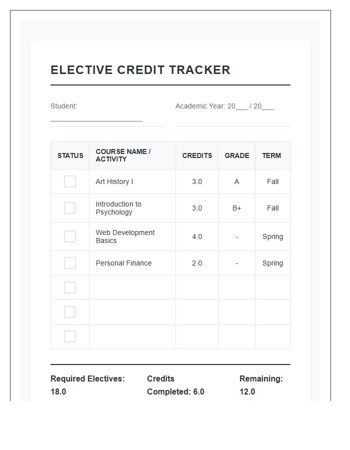 Elective Credit Completion Printable Chart Checklist