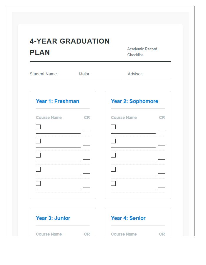 Four Year Graduation Plan Printable Chart Checklist