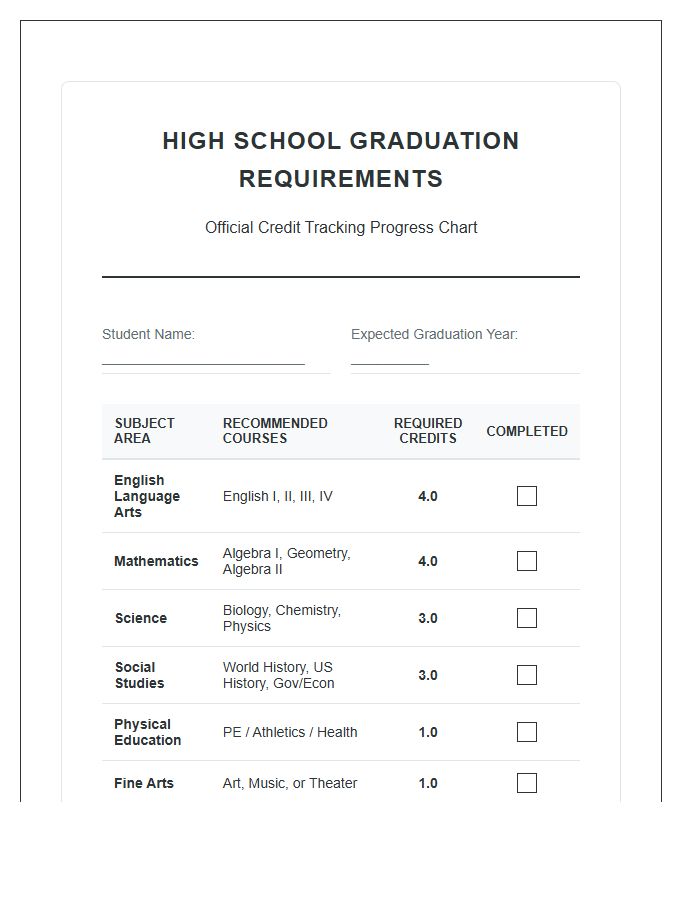 General High School Diploma Requirement Printable Chart