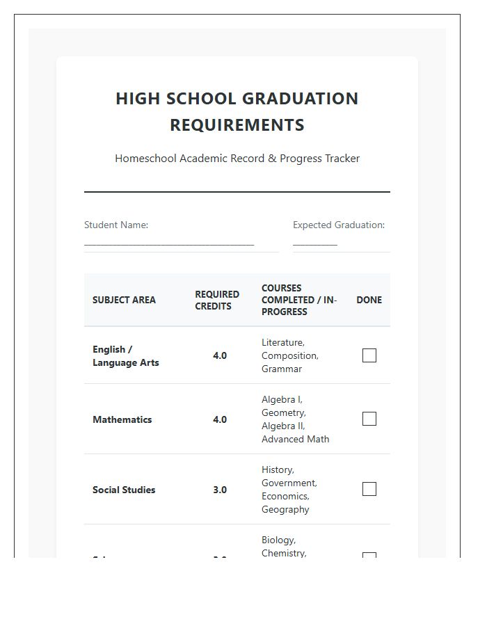 Homeschool High School Graduation Requirement Printable Chart