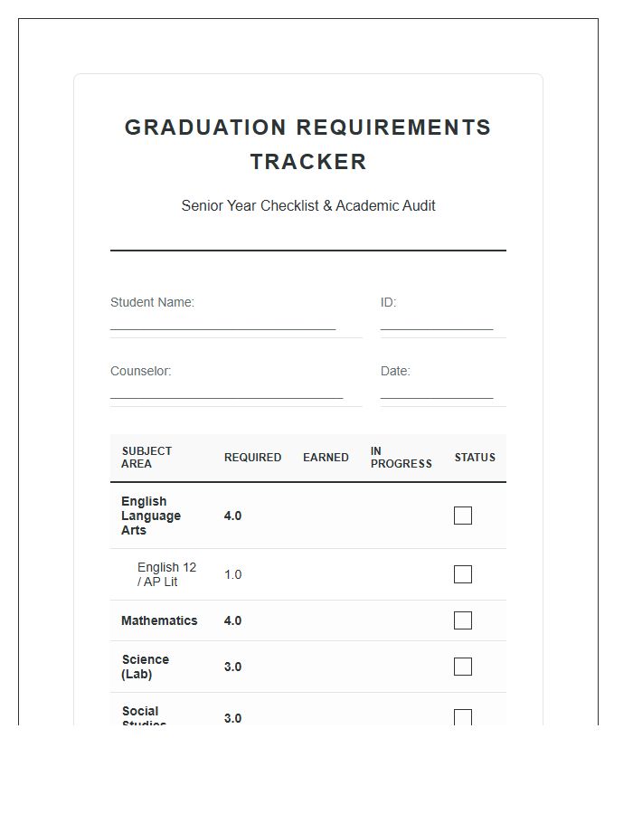 Senior Year Graduation Requirement Printable Chart Tracker