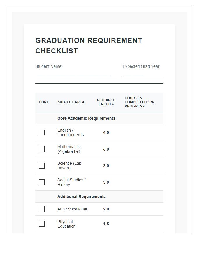State Graduation Requirement Checklist Printable Chart