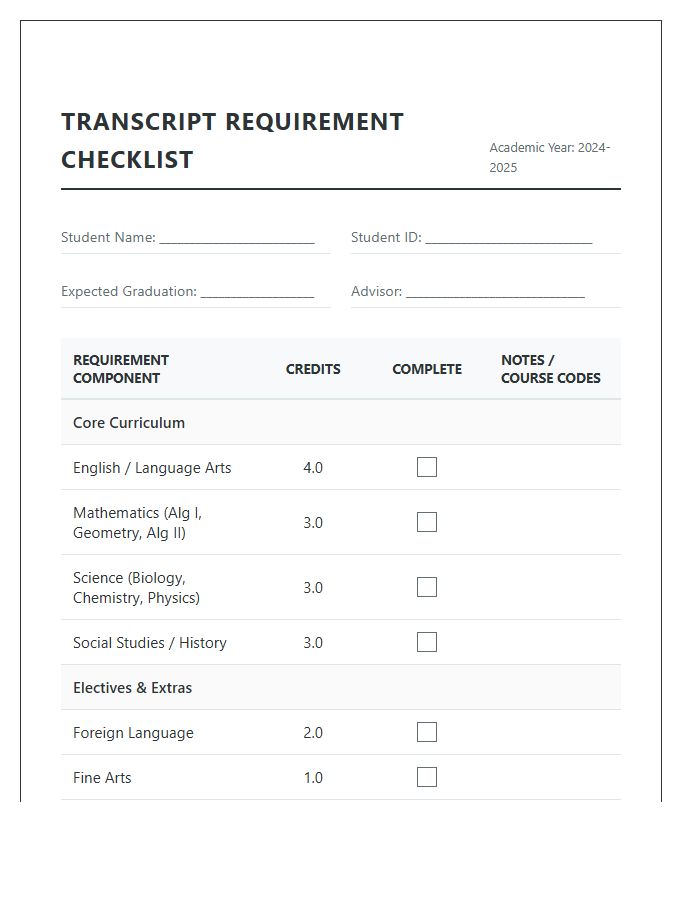 Student Transcript Requirement Printable Chart Checklist