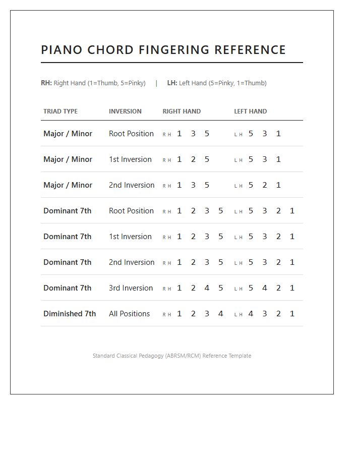 Classical Piano Chord Fingering Reference Chart Printable