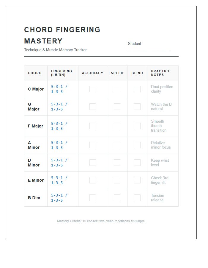 Keyboard Chord Fingering Mastery Checklist Chart Printable
