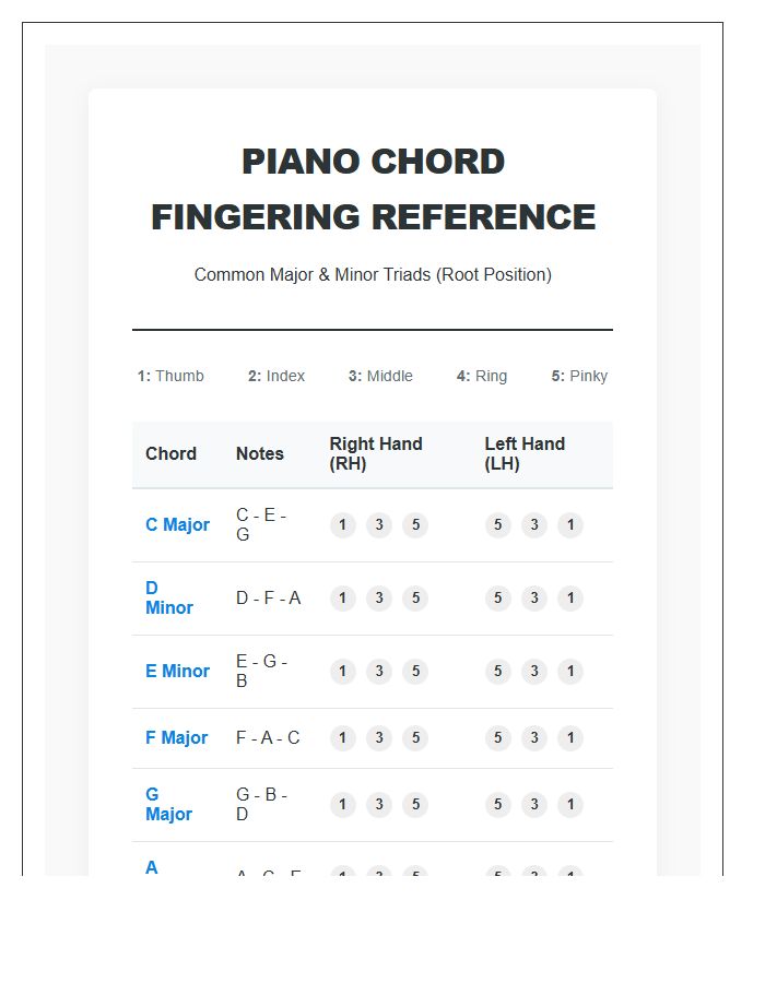 Musical Theory Piano Chord Fingering Chart Printable