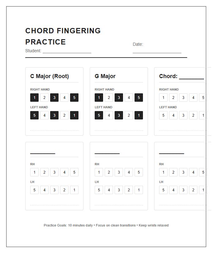 Piano Student Chord Fingering Practice Chart Printable