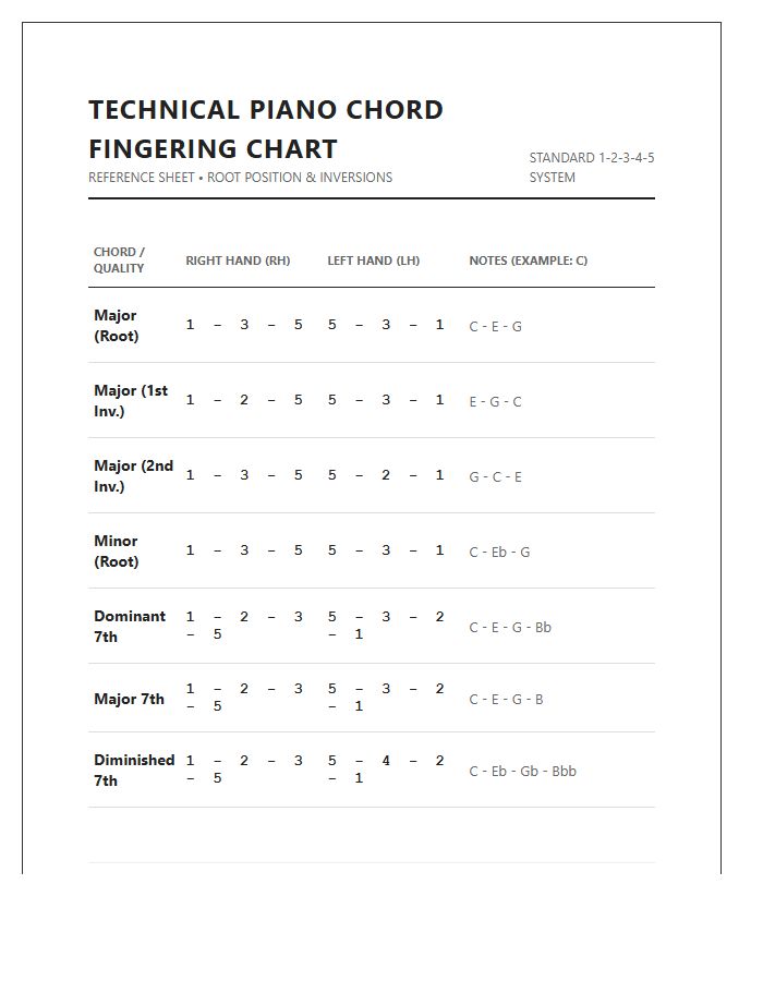 Technical Piano Chord Fingering Positions Chart Printable