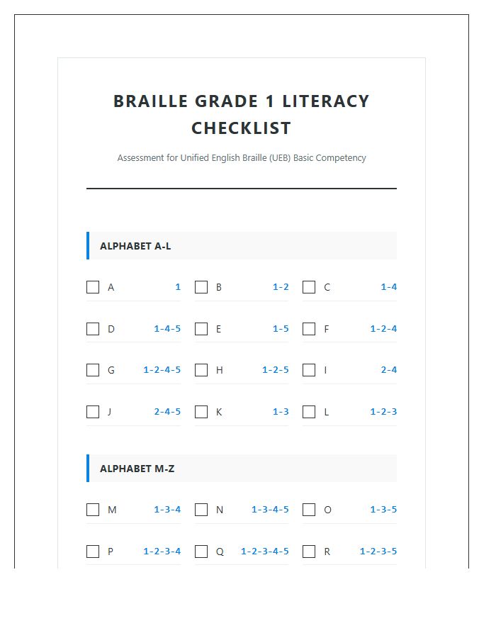 Printable Braille Code Checklist Chart