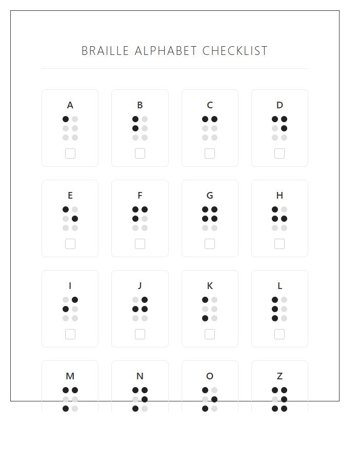 Visual Braille Alphabet Checklist Printable Chart