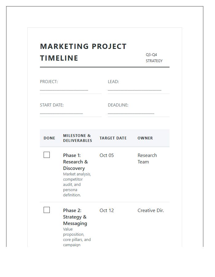 Printable Marketing Project Milestone Timeline Chart Checklist