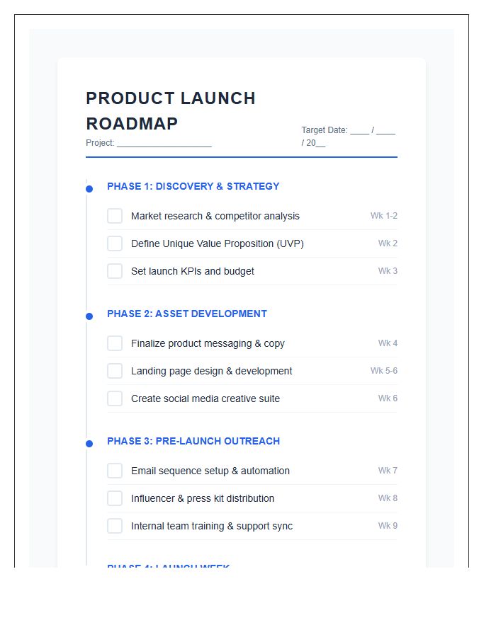 Printable Product Launch Milestone Timeline Chart Checklist