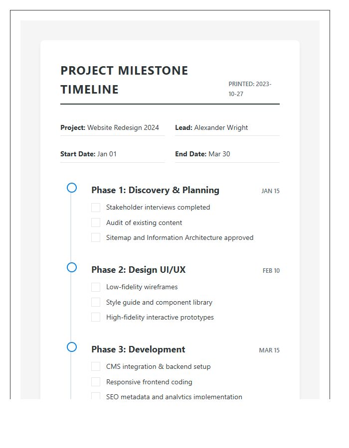 Printable Project Management Milestone Timeline Chart Checklist