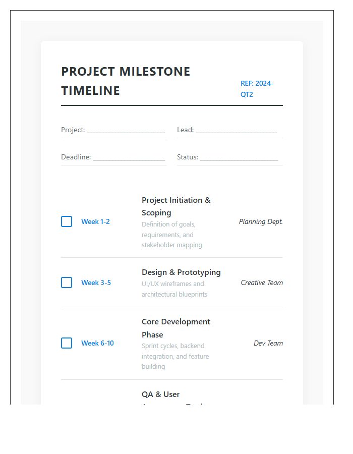 Printable Team Project Milestone Timeline Chart Checklist