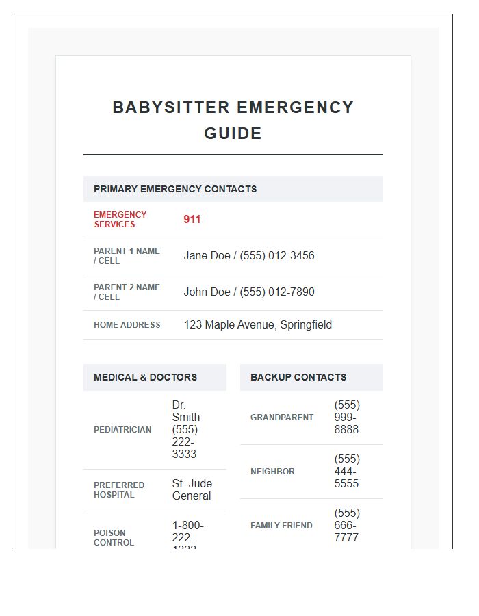 Babysitter Emergency Contact List Printable Chart