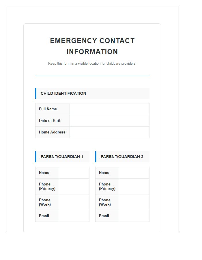 Child Care Emergency Contact Information Chart Printable
