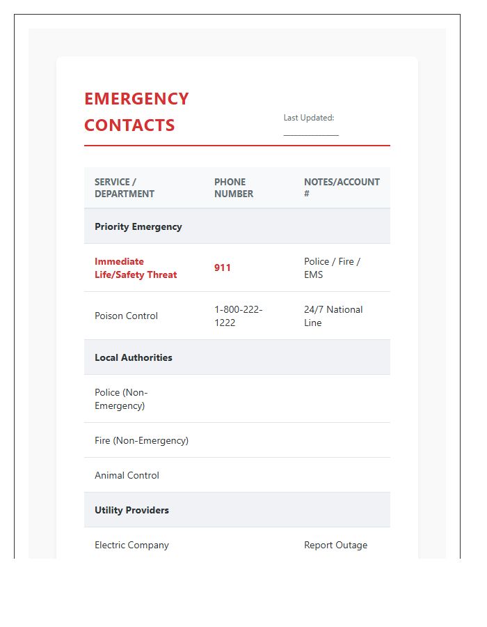 Community Emergency Contact Information Chart Printable