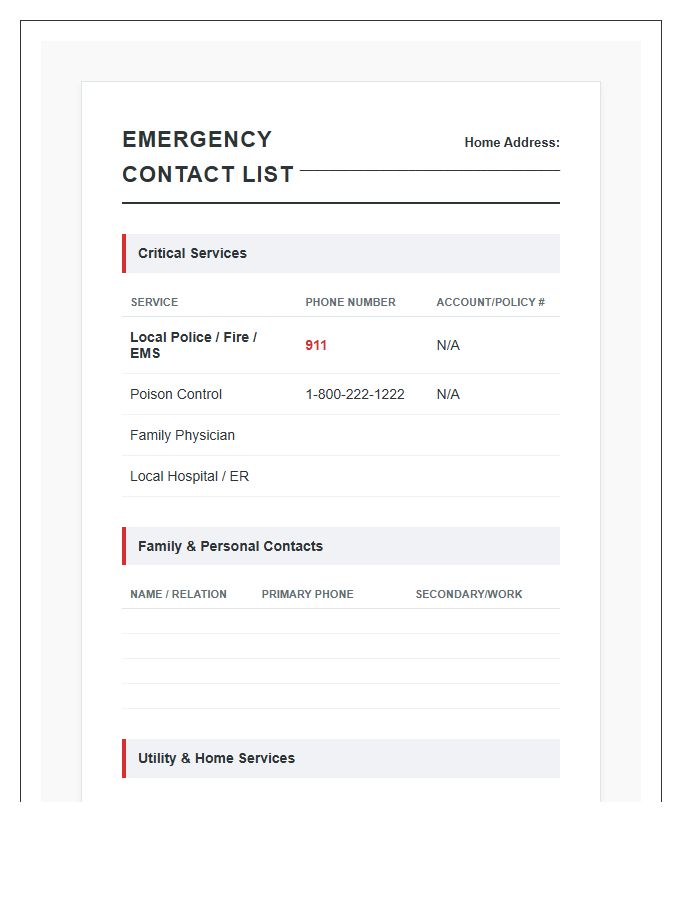 Comprehensive Emergency Contact List Printable Chart
