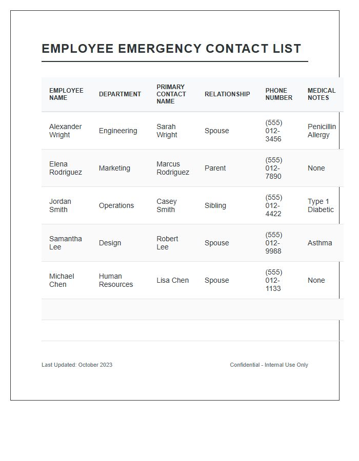 Employee Emergency Contact List Printable Chart