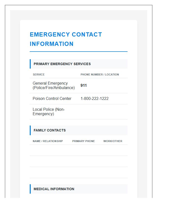 Essential Emergency Contact Information Chart Printable
