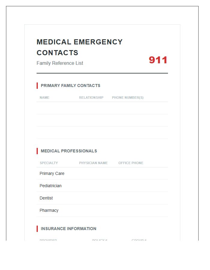 Family Medical Emergency Contact List Printable Chart