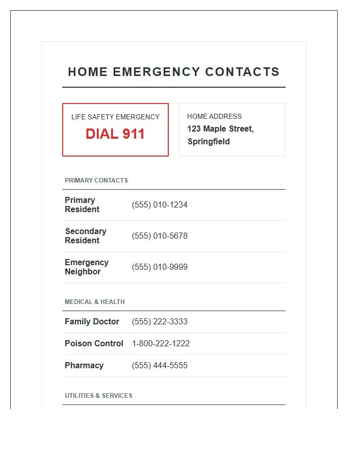 Home Emergency Contact List Printable Chart
