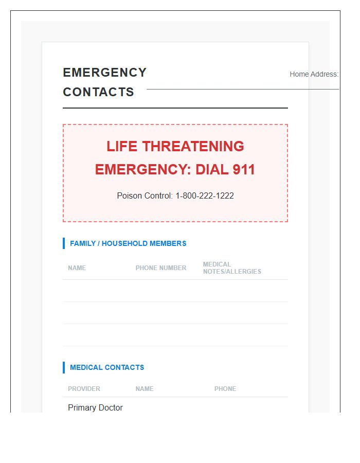 Household Emergency Contact List Printable Chart