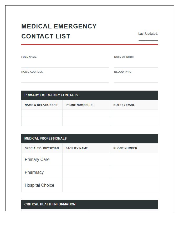 Medical Emergency Contact Information Chart Printable