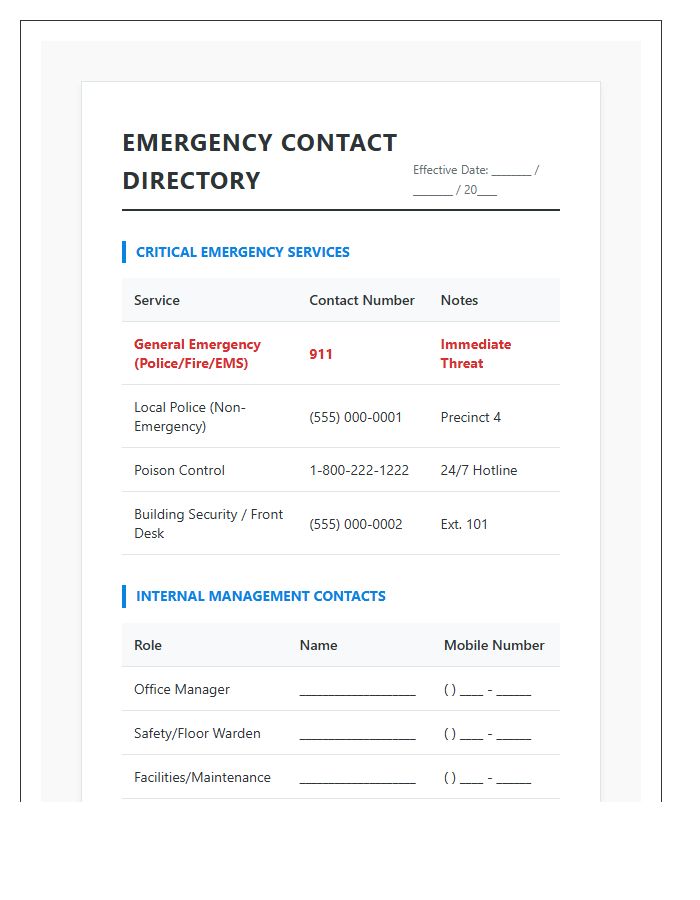 Office Emergency Contact Information Chart Printable