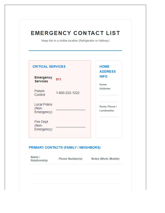 Personal Emergency Contact List Printable Chart