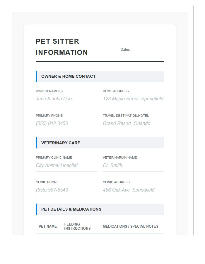 Pet Sitter Emergency Contact Information Chart Printable