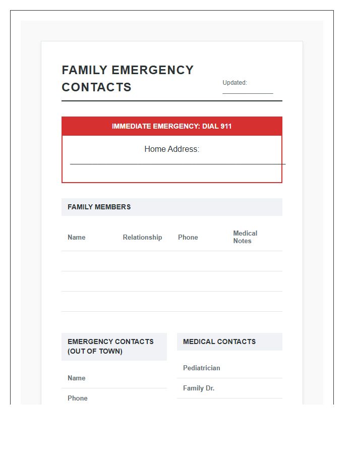 Printable Family Emergency Contact Information Chart