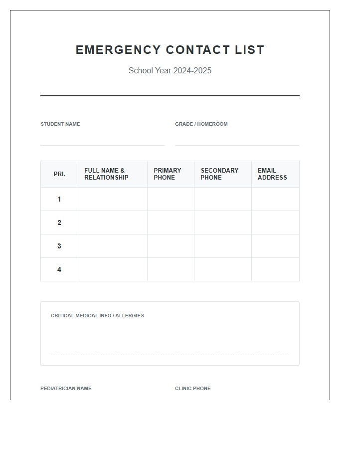 School Emergency Contact List Printable Chart
