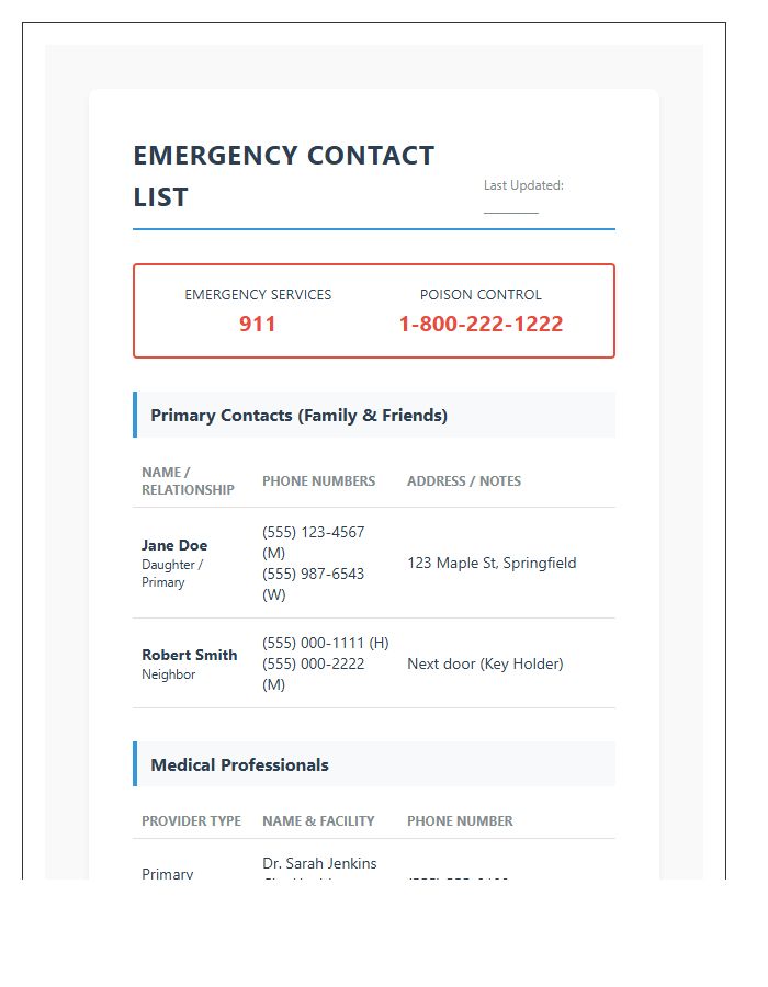 Senior Care Emergency Contact List Printable Chart