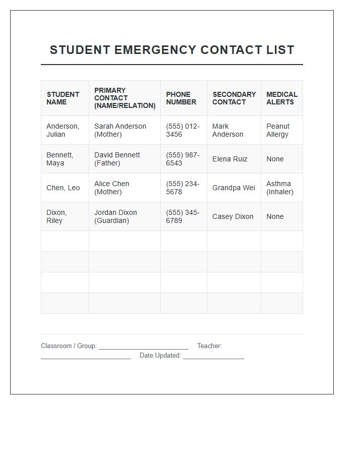 Student Emergency Contact List Printable Chart