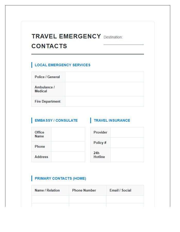Travel Emergency Contact Information Chart Printable