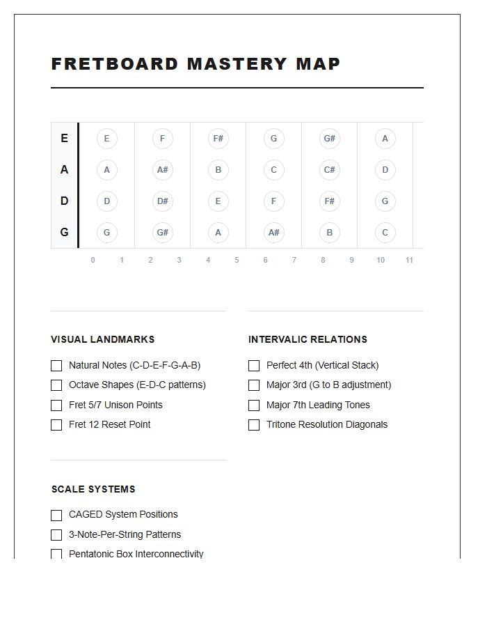 Advanced Guitar Fretboard Note Map Chart Checklist Diagram