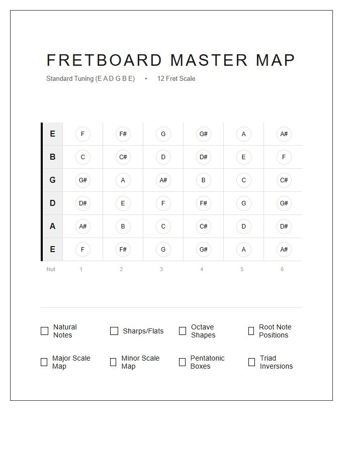 Full Scale Guitar Fretboard Note Map Chart Checklist Poster