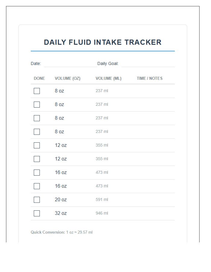 Printable Daily Fluid Ounces To Milliliters Intake Chart Checklist