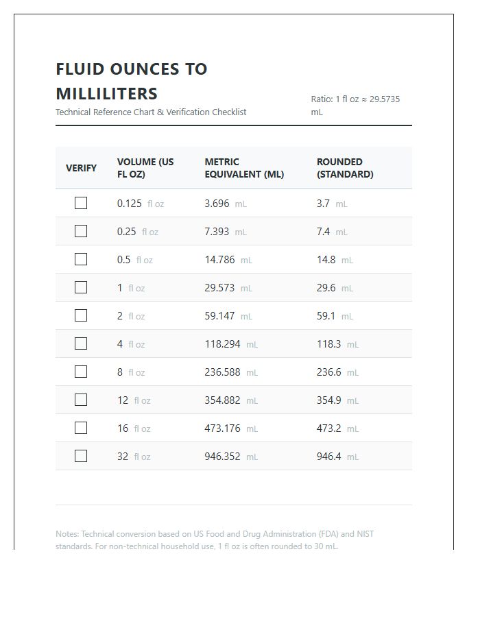 Printable Technical Fluid Ounces To Milliliters Reference Chart Checklist
