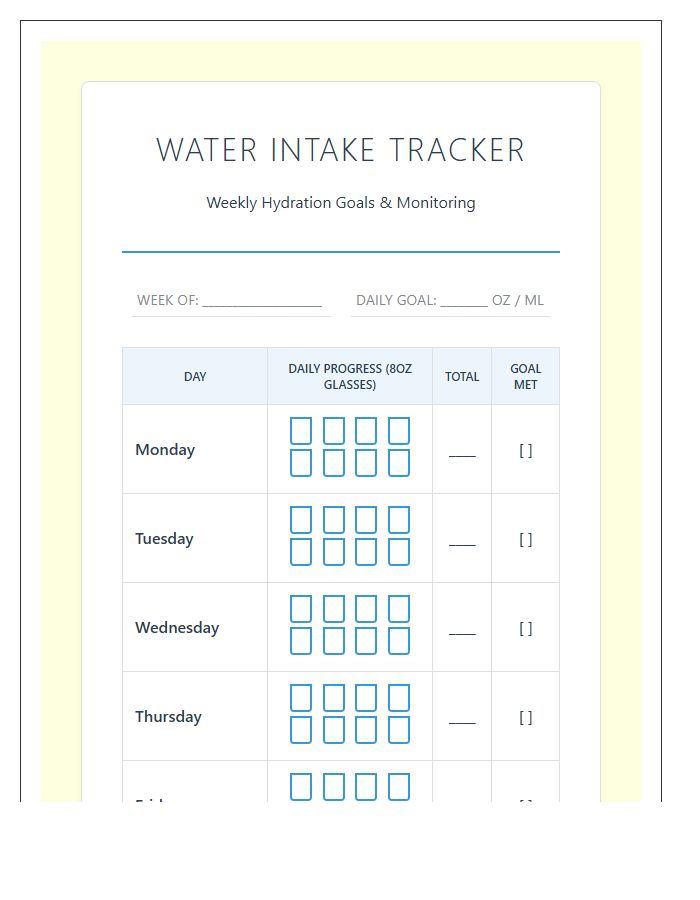 Comprehensive Water Intake Printable Goal Chart